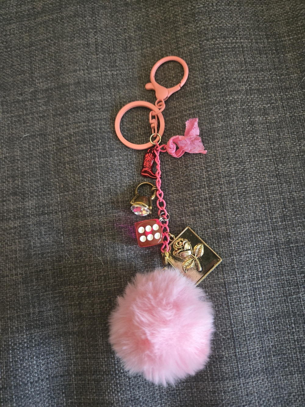 Pink Faux Fur Pom Pom Keychain with Charms